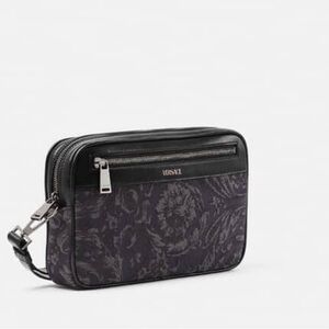 Fabric Jacquard Calfskin Barocco Wristlet Pouch Black